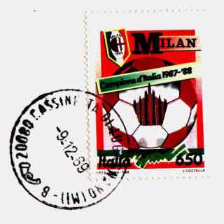 Bollo N. 2 di Cassinetta di Lugagnano datato 9/12/1989 Francobollo da £. 650 emesso nel 1988 per festeggiare “Milan A.C. squadra campione d’Italia di calcio 1987-88”